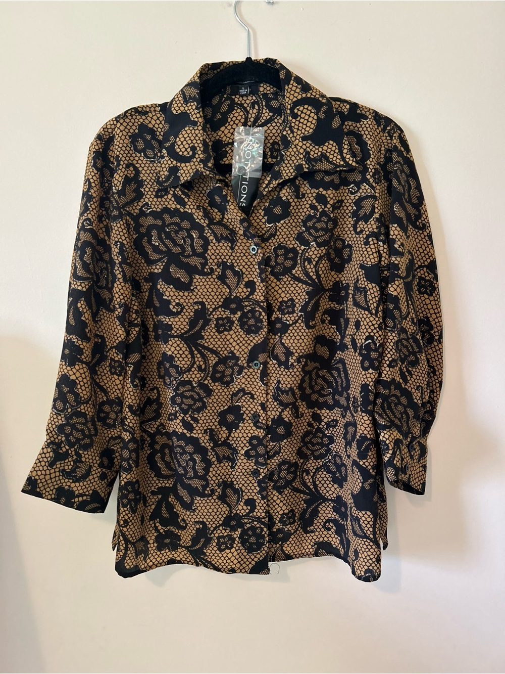 NWT Notations Black Tan Lace Floral Button Down Blouse Large, Whimsigoth